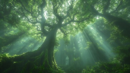 Obraz premium Sunlight filtering through ancient trees in lush forest environment