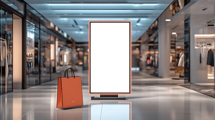 Blank vertical billboard in modern mall with shopping bag.