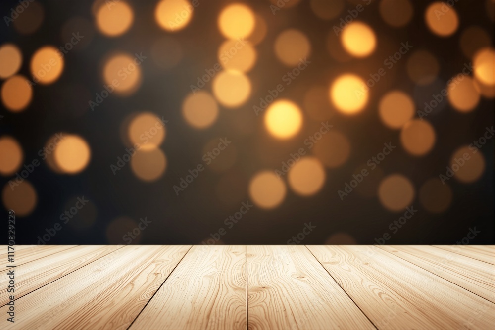 Poster wooden countertop with smooth texture, blurred golden bokeh lights in the background, on a dark back