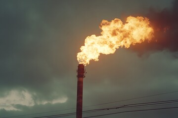 Obraz premium A low-angle view of a gas flare stack, with the sun rising behind it, casting dramatic light onto the industrial landscape below. 