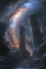 Obraz premium Exploration of ancient structures under a starry sky with distant elliptical galaxies illuminating the cosmos