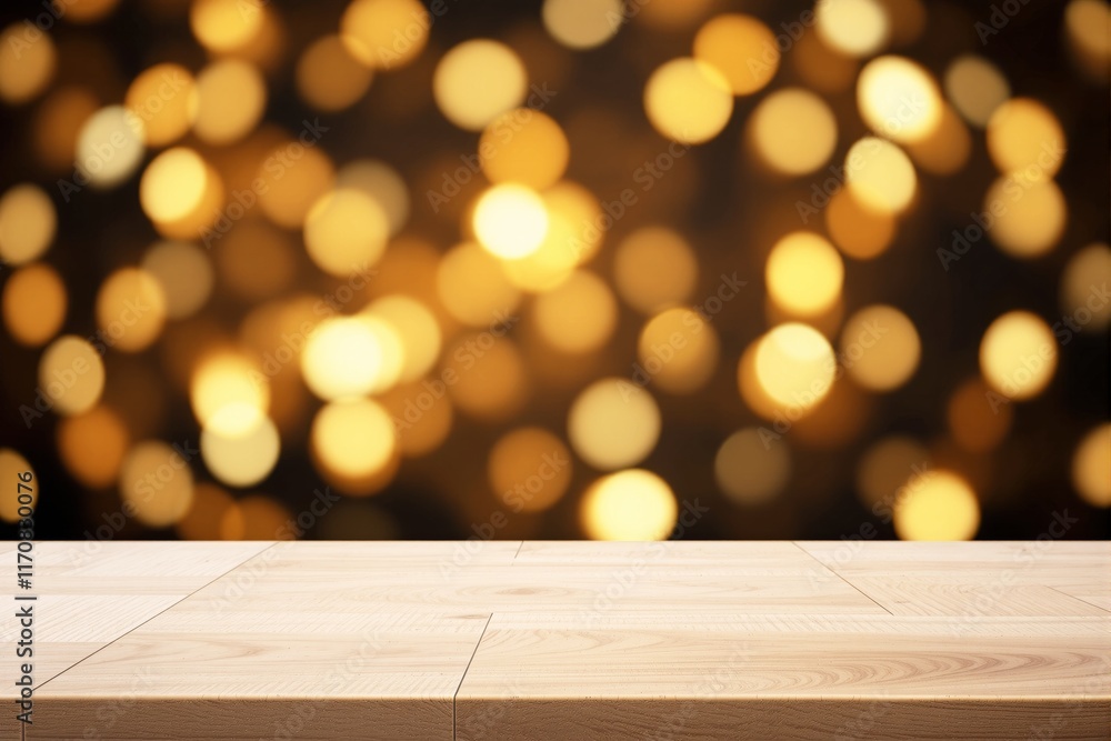 Poster wooden countertop with natural texture, set against a blurred golden bokeh light background. ideal f