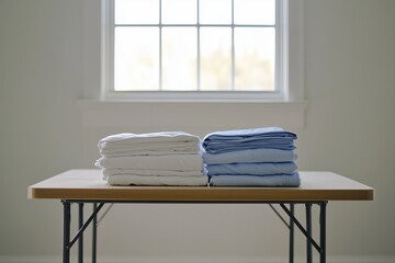 A minimalist laundry room scene with table and folded laundry stacks.