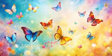 A vibrant illustration of numerous colorful butterflies gracefully soaring through a dreamy, bokeh-filled sky, creating a whimsical and enchanting scene.
