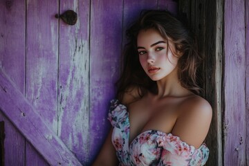 Fototapeta premium Beautiful Young Woman Posing Gracefully by Rustic Purple Door