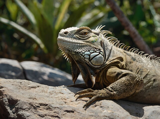 Obraz premium Joyful Iguana Rest: An iguana lounging on a rock, smiling softly as it basks and dozes in the sun.