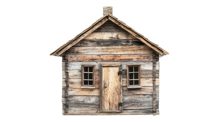 A rustic wooden cabin with a chimney and windows surrounded by natural scenery in a tranquil rural setting.
