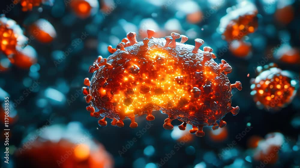 Poster a glowing microscopic virus particle with vibrant colors and intricate details, representing a scien