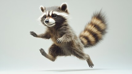Obraz premium Playful raccoon in mid-air leap.