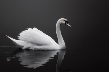 White swan swimming on dark water in monochrome