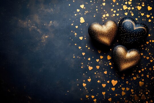 Golden and black hearts glimmering on dark background with copy space