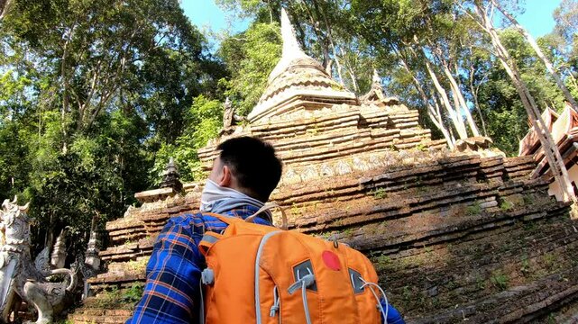 A traveler gazes up at an ancient temple, adorned with intricate architecture, amidst a vibrant natural landscape. This serene location invites exploration and reflection, merging history with the bea