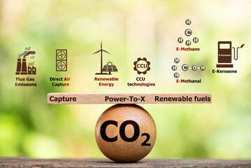 CO2 text on wood and icons on natural background.