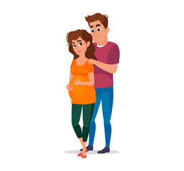 Happy couple awaiting baby. Pregnant woman with husband lovingly holding her belly. Flat vector style perfect for illustrating family, pregnancy, parenting, and maternity-related themes.