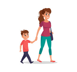 Mother and son happily walking hand in hand. Happy family cartoon characters vector illustration isolated on white background. Colorful design concept for parenting, outdoor lifestyle, school.