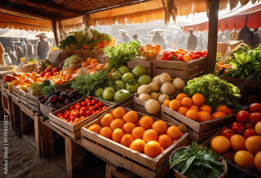 Sticker lively display fresh fruits vegetables bathed bright natural light showcasing vibrant colors freshness, apple, banana, berry, broccoli, carrot, citrus