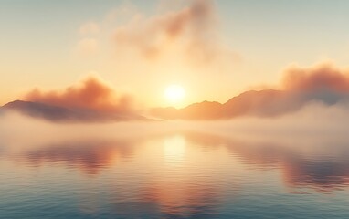 Fototapeta premium Serene sunset over misty mountains reflected in calm lake water.