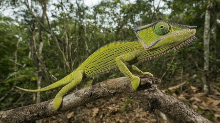 A vibrant green chameleon perched on a branch in a lush forest environment.