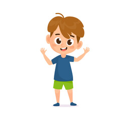 Smiling cheerful waving boy character. Cute and friendly vector cartoon illustration. Flat style character isolated on white background for children's content, animations, education, sport