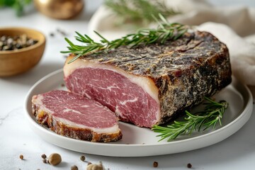 Smoked pork loin with rosemary and peppercorns on white plate
