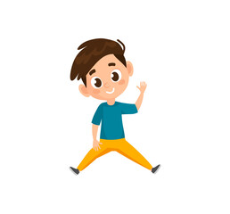 Smiling cheerful boy character jumping and waving. Cute and friendly vector cartoon illustration. Flat style character isolated on white background for children's content, animations, education, sport