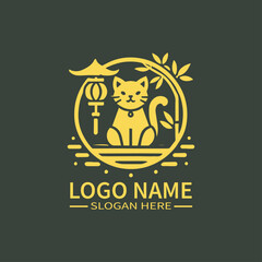 Golden Chinese Cat Logo Design, Oriental Lucky Cat Logo, Feng Shui Cat Logo, Chinese New Year Cat Logo, Pet Charm Logo - Jika logo