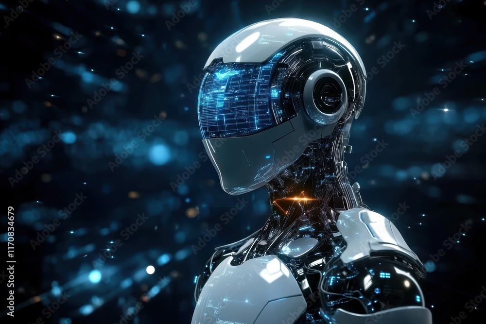 Poster futuristic robot design with digital elements and glowing features in a dark environment