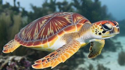 A vibrant sea turtle gliding gracefully through a coral reef underwater.