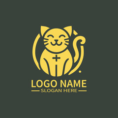 Golden Chinese Cat Logo Design, Oriental Lucky Cat Logo, Feng Shui Cat Logo, Chinese New Year Cat Logo, Pet Charm Logo - Jika logo