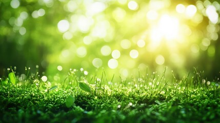 Fototapeta premium Green moss in a bright forest clearing. Seasonal natur background with bokeh and short depth of field. Close-up with space for text.