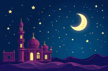 Ramadan background with patterns, flashlight, crescent moon, stars on dark background. Holiday design for the holiday.