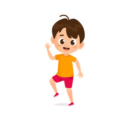 Smiling cheerful boy character jumping and waving. Cute and friendly vector cartoon illustration. Flat style character isolated on white background for children's content, animations, education, sport