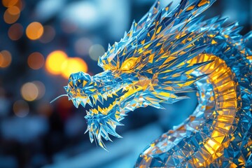 Abstract dragon sculpture with intricate crystal-like facets glowing in blue and orange hues, set against a blurred colorful background. Fantasy concept. Ai generative