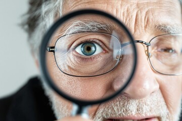 Elderly man closely examining with a magnifying glass, focusing on his eye and glasses, on a light background. Concept of vision and observation. Ai generative