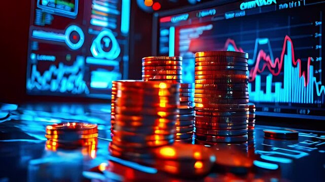 Stacks of coins with screen graph and charts used for investment analysis.