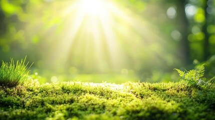 Obraz premium Green moss in a bright forest clearing. Seasonal natur background with bokeh and short depth of field. Close-up with space for text.