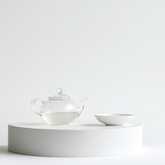 Fototapeta premium Glass teapot with tea and small white dish on a white pedestal.