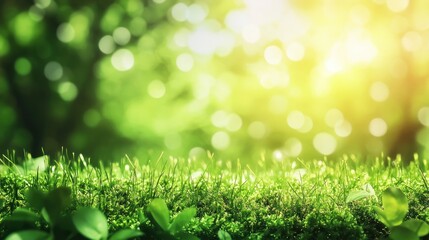 Obraz premium Green moss in a bright forest clearing. Seasonal natur background with bokeh and short depth of field. Close-up with space for text.
