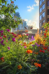 Obraz premium Bees and Butterflies in a Vibrant Rooftop Garden with City Background