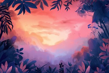 A vibrant sunset painted with colorful hues over a lush jungle