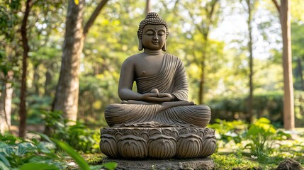 Obraz premium Ancient forest with a Buddha statue meditating peacefully Shakyamuni Buddha emanating the light of peace