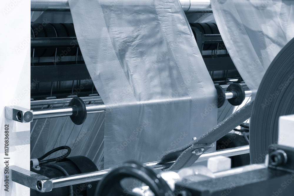 Poster the operation of automatic plastic bag production machine. close-up of the roller of the polyethylen