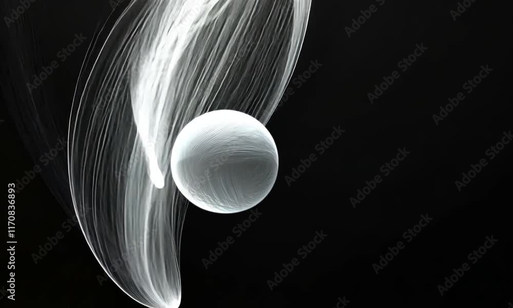 Poster abstract white orb enveloped by flowing light trails against a dark background: a study in contrast 