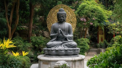 Obraz premium Ancient forest with a Buddha statue meditating peacefully Shakyamuni Buddha emanating the light of peace