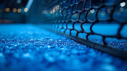 A close-up of a tennis net with blurred action in the background