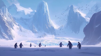 A serene winter landscape with penguins walking toward distant towering glaciers.