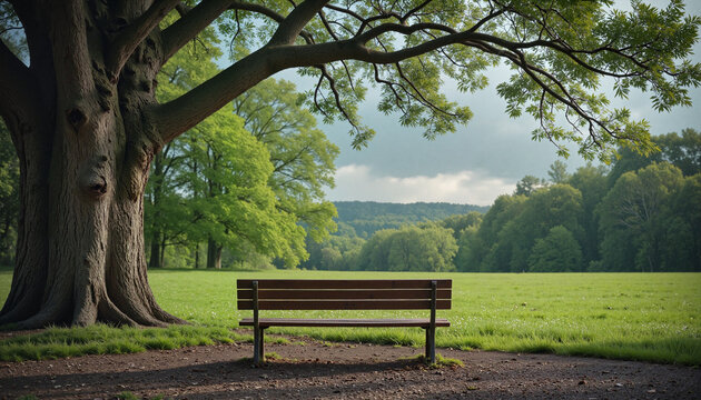 Solemn bench under a large tree in a quiet park, remembrance moment
