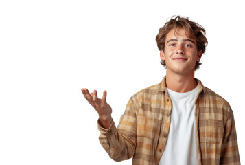 Businessman in casual shirt posing hand up One hand open