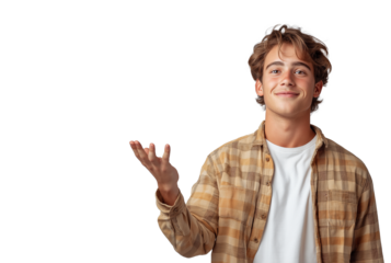Businessman in casual shirt posing hand up One hand open