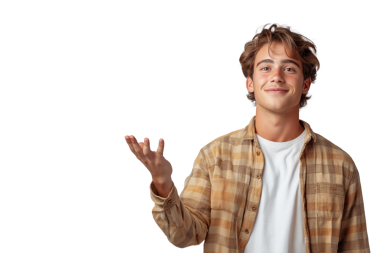 Businessman in casual shirt posing hand up One hand open